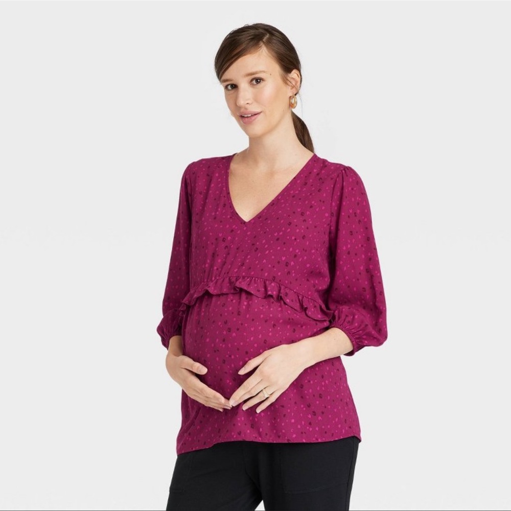 2/$20   Isabel Maternity 3/4 Sleeve Ruffle Waist Woven Top